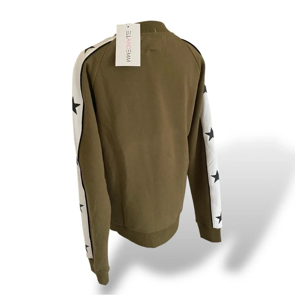 ELLANDEMM Crewneck Sweatshirt White Stripes Black Star Sleeve Detail Olive Green
